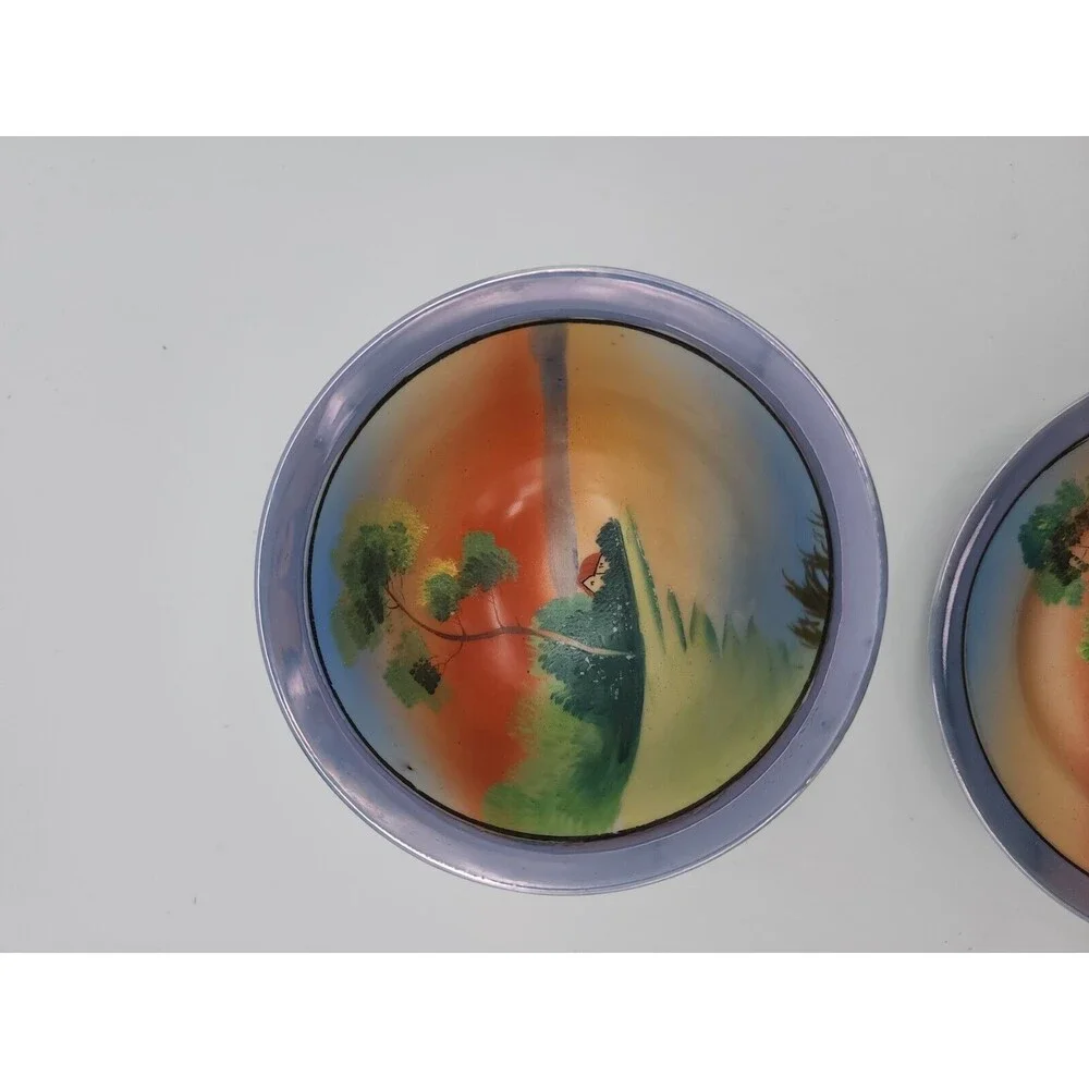 Japan Footed Rice Bowl & Plate Blue Luster Edge Hand Painted Sunset Water House